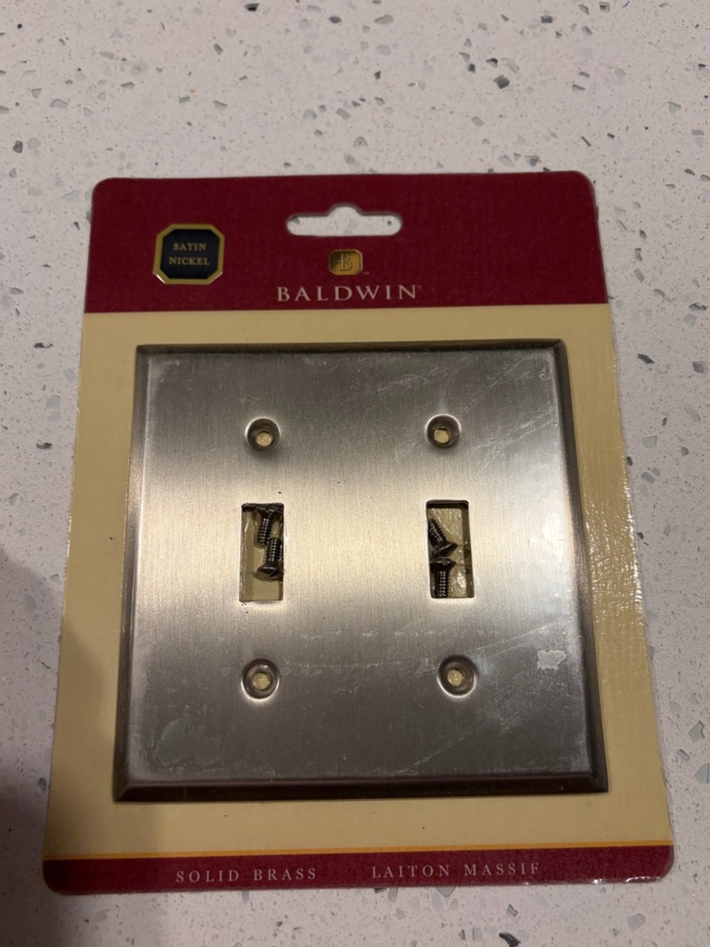 baldwin Satin Nickel Double Toggle Wall Plate - Silver with Red Packaging